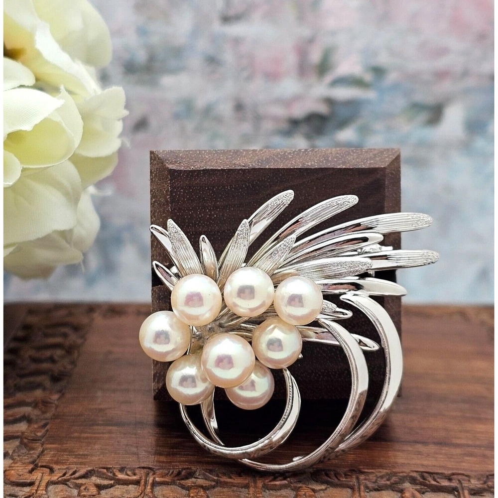 Vintage Sterling Silver Pearl Spray Brooch Floral Pin Wedding Formal Bridal